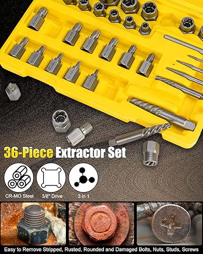 Miniatura 7 de Topec Juego de 36 extractores de tornillos y pernos, juego de extractor de tornillos 3 en 1, juego de enchufes extractores de pernos rotos de 38