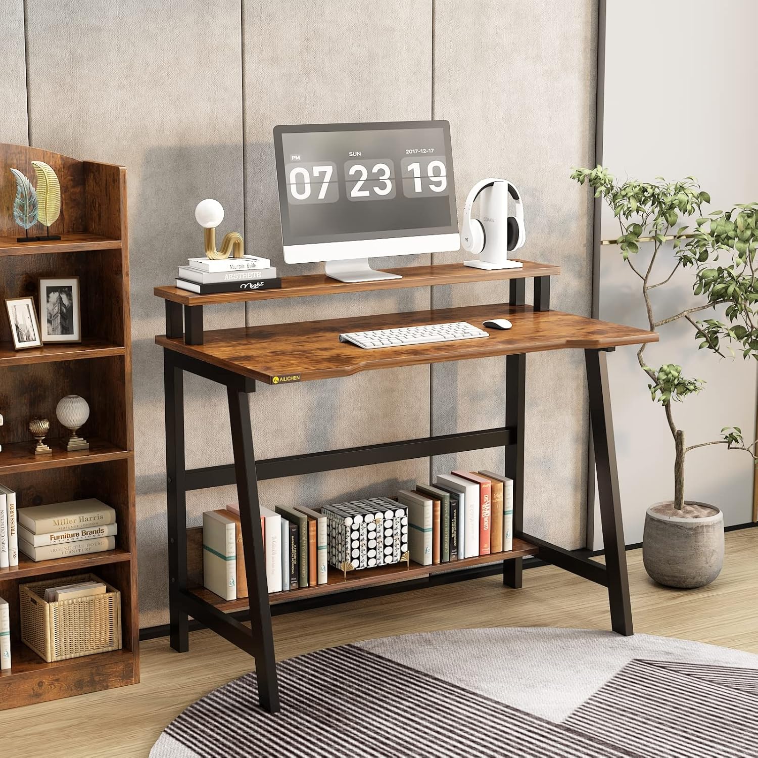 ALISENED Small Computer Desk，31.5 Inch Sturdy Writing Desk with Bookshelf Study Table Desk with Metal Legs Industrial Table with Monitor for Home Office for Small Space