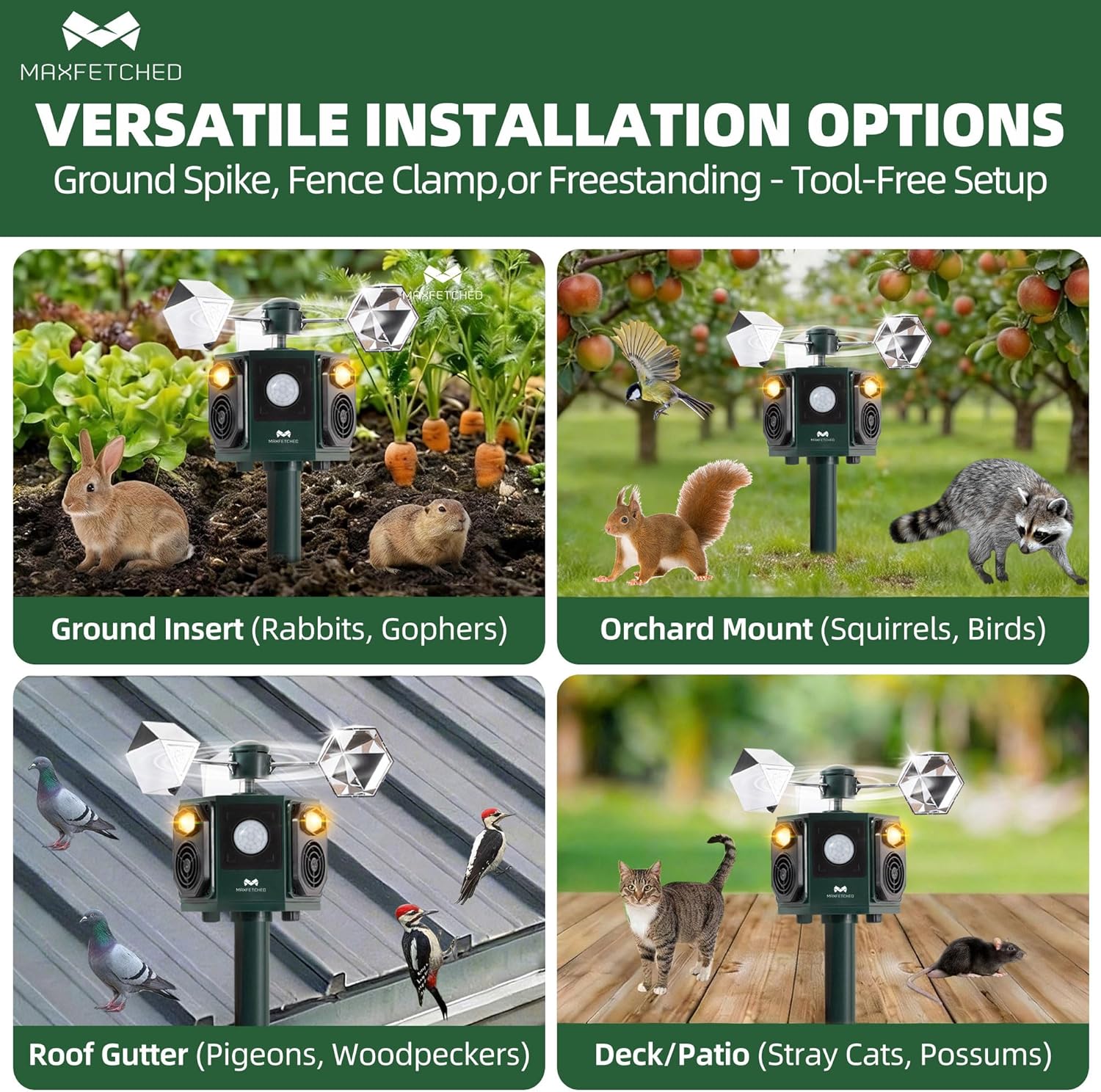 Ultrasonic Animal Repeller Outdoor Solar Powered - Motion Sensor Squirrel Cat Deer Bird Repellent Devices, Dual Horn 5 Animal Sounds, Spinner Reflector for Garden Farm Orchard Protection