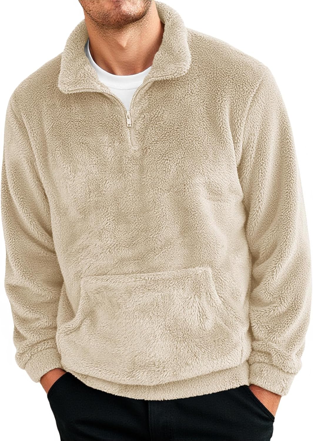 Runcati Mens Fuzzy Sherpa Sweatshirt Quarter Zip Fleece Pullover Winter Fall Warm Outerwear With Kangaroo Pocket