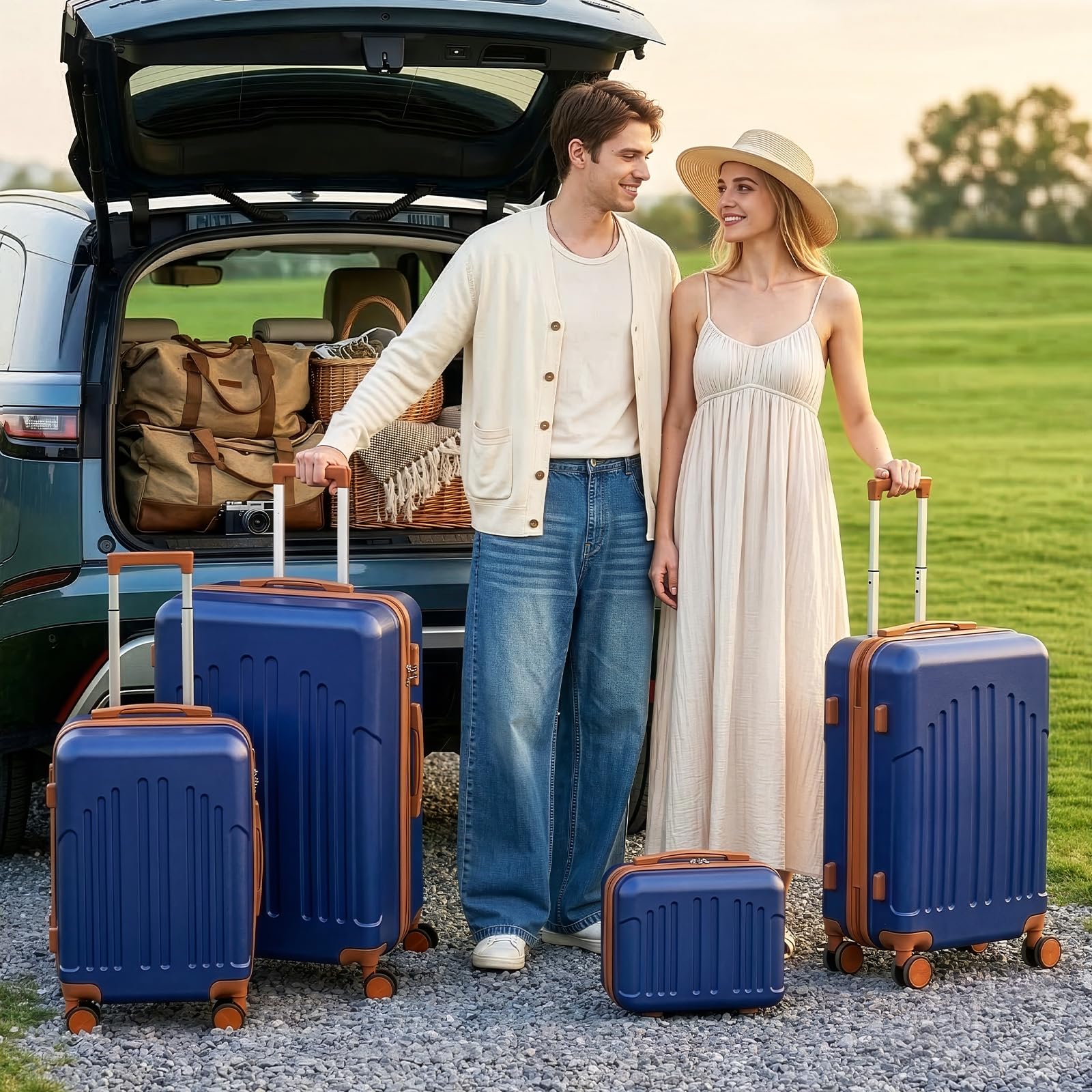 LALAHO Set de 4 Valises avec Vanity Case, Valise Grande Taille/Cabine, Petite Valise, Bagage Suitcase en ABS (Marine-Brun)