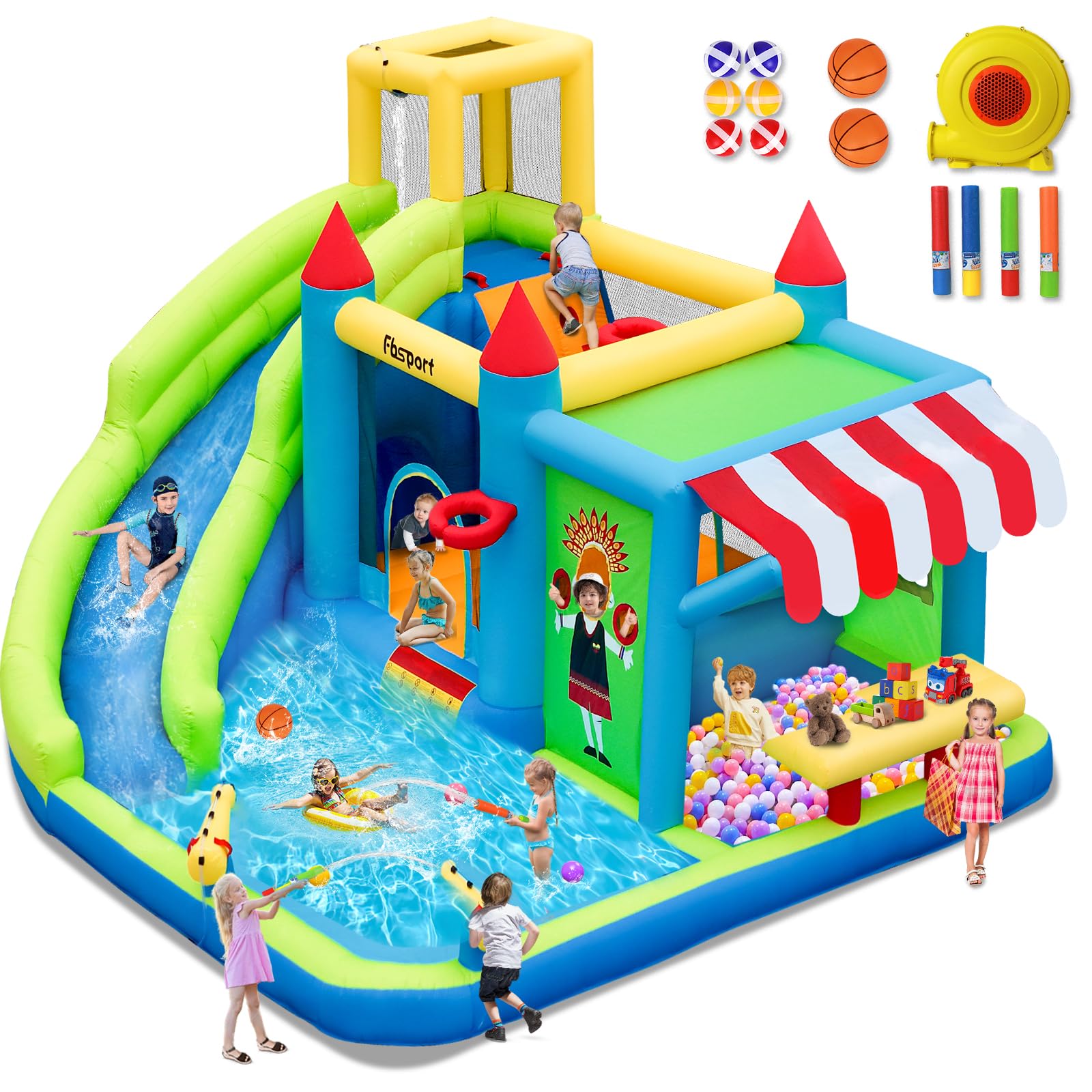 FBSPORT Castillo Hinchable acuatico para niños con Ventilador Grandes tobogán seco y de Agua, Adecuado para niños, Castillo Children's Bouncy para Uso Interior o Exterior 424 ×388 ×238 CM