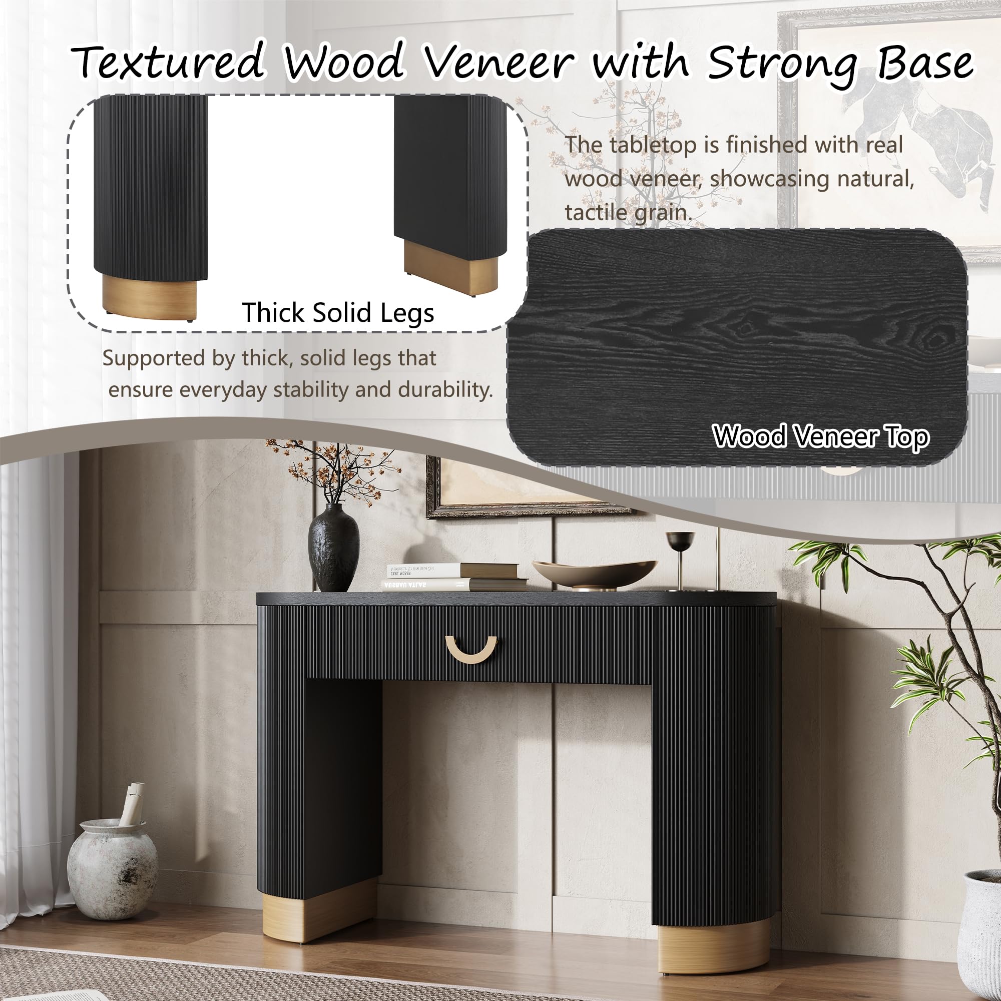 Tavolo consolle moderno con cassetto funzionale e gambe a colonna curve, design verticale a coste, tavolo d'accento per ingresso, per corridoio, soggiorno o dietro il divano