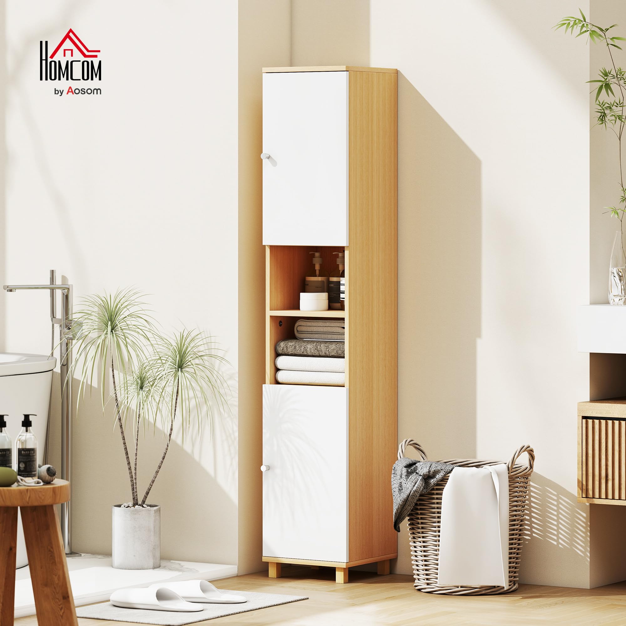 HOMCOM Mobile Bagno a Colonna con Ante 30x30x166 cm Bianco e Legno