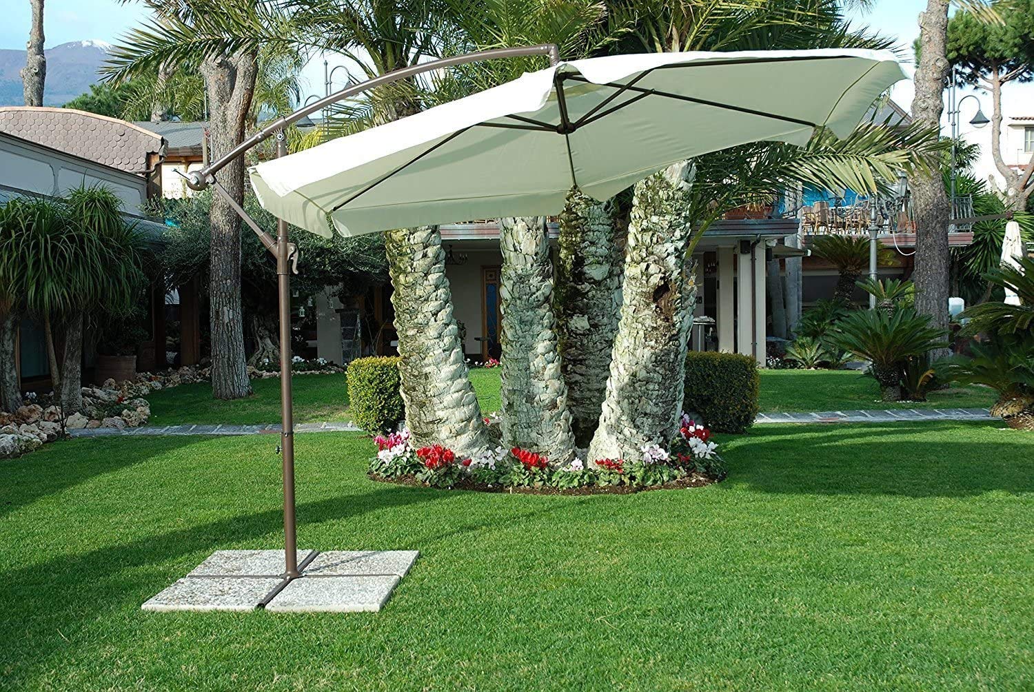 Mediawave Store - Ombrellone Decentrato 3x3 Colore ECRU' Modello a Banana con Frangia, Ombrellone Rotondo da Giardino, Da Esterno Arredo Piscina, Gazebo, Terrazze, Bar, Hotel, Balconi