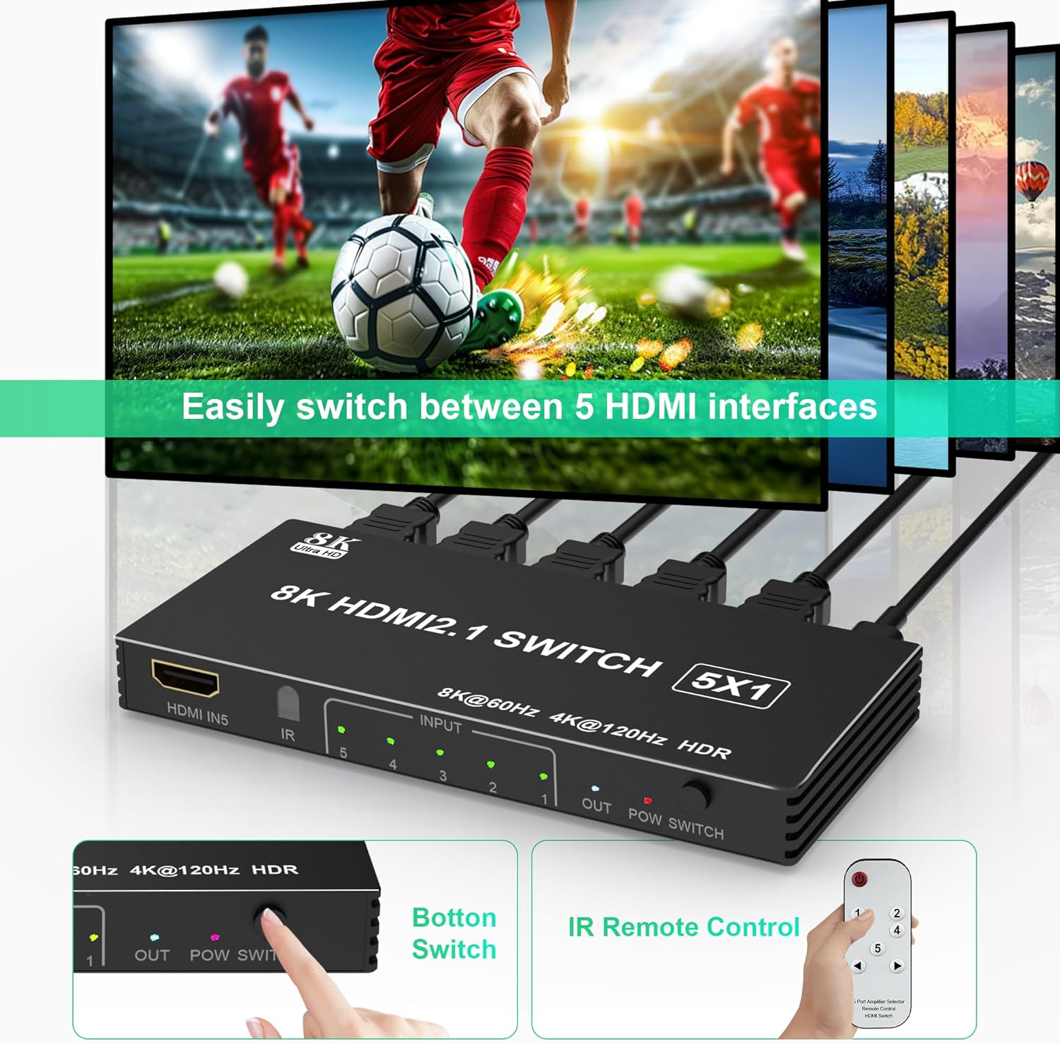 8K HDMI Switch 4K 120Hz - 5 in 1 Out HDMI Splitter Switcher 8K@60Hz 4K@120Hz with Remote 3D HDR10+ HDCP 2.3 CEC, Use for PS5/4/3 Xbox DVD Player Fire Stick Roku TV PC Nintendo Switch