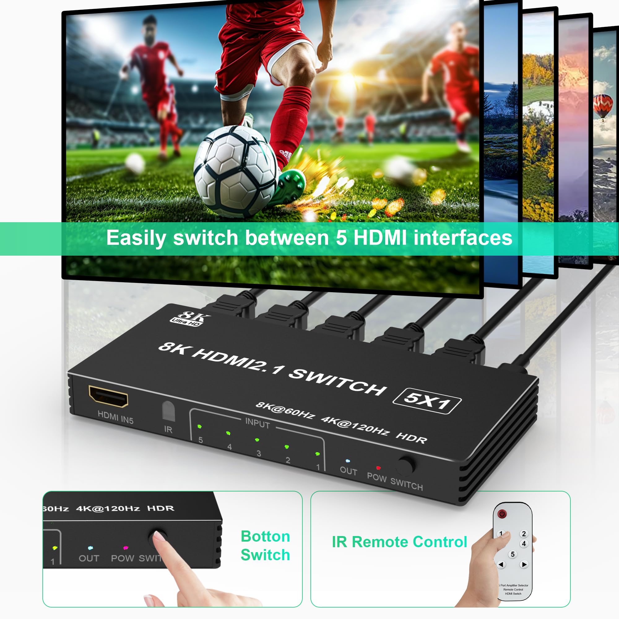 Switch HDMI 8K Splitter 5 porte HDMI Switcher con telecomando IR per Xbox, PS4, PC TV