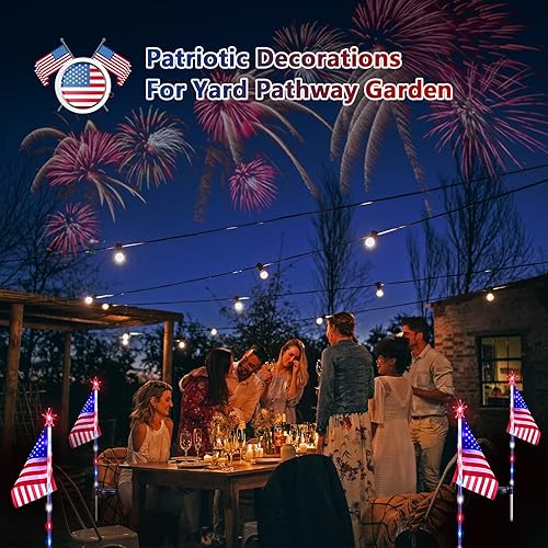 Miniatura 2 de Paquete de 6 luces solares para exteriores del 4 de julio, luces de estrella rojas, blancas y azules para el Día Nacional con bandera