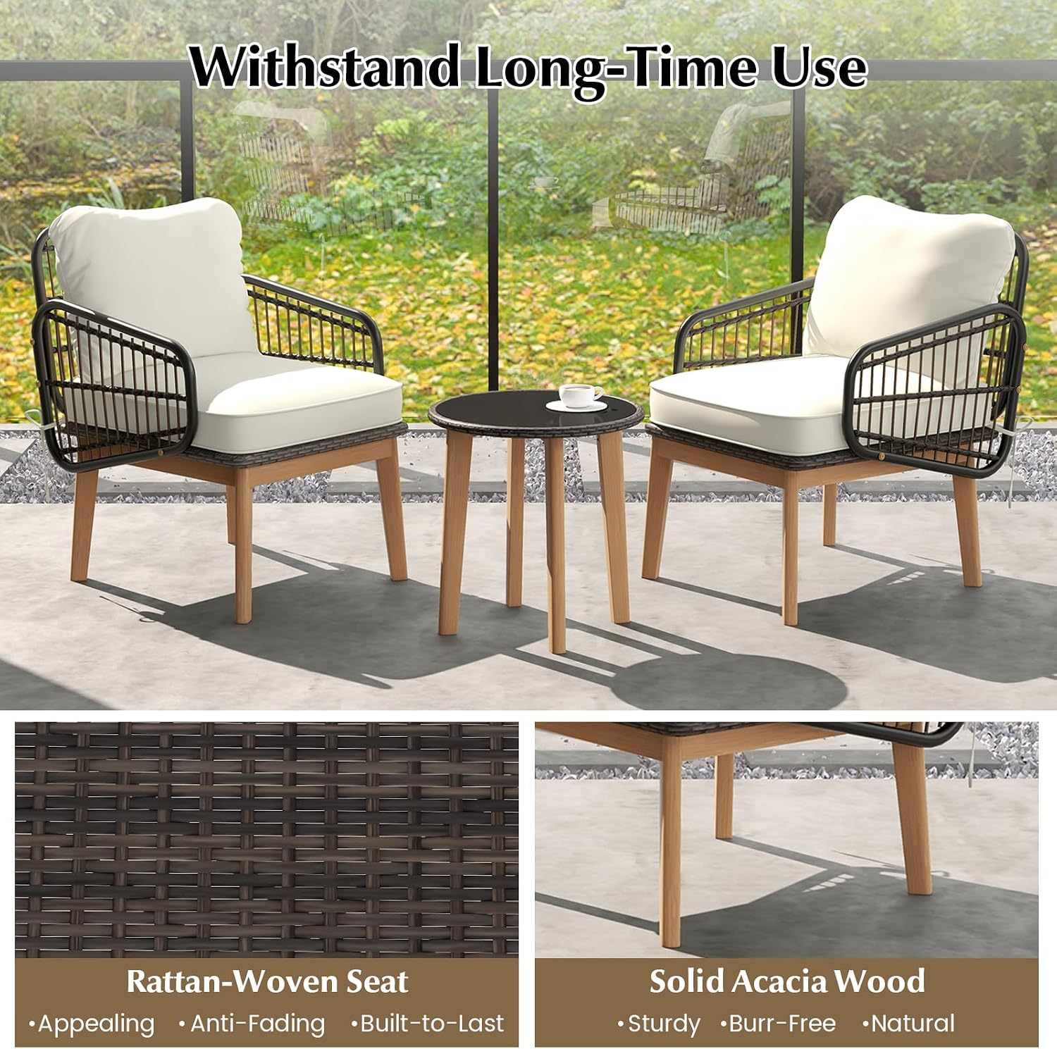 Tangkula 3 Piece Patio Chair Set, Wicker Chair & Side Table Set with Soft Cushions & Tempered Glass Tabletop, Solid Wood Support, Outdoor Rattan Furniture Set for Porch, Backyard, Poolside