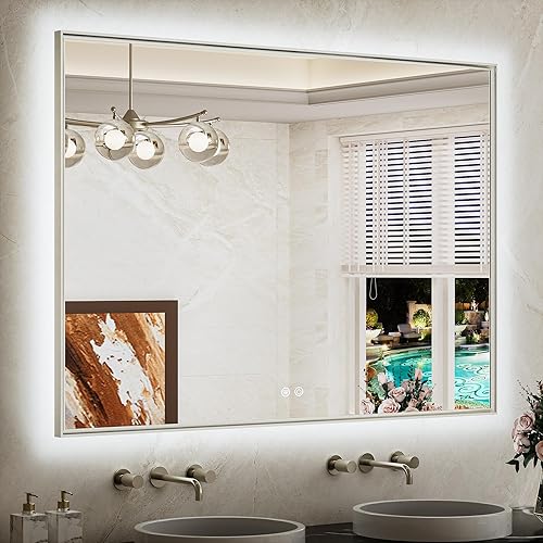 Miniatura 25 de TETOTE Espejo de baño retroiluminado de 30 x 36 pulgadas, marco de metal dorado cepillado, luz LED, 3 colores, blanco/cálido/natural, sin escalones