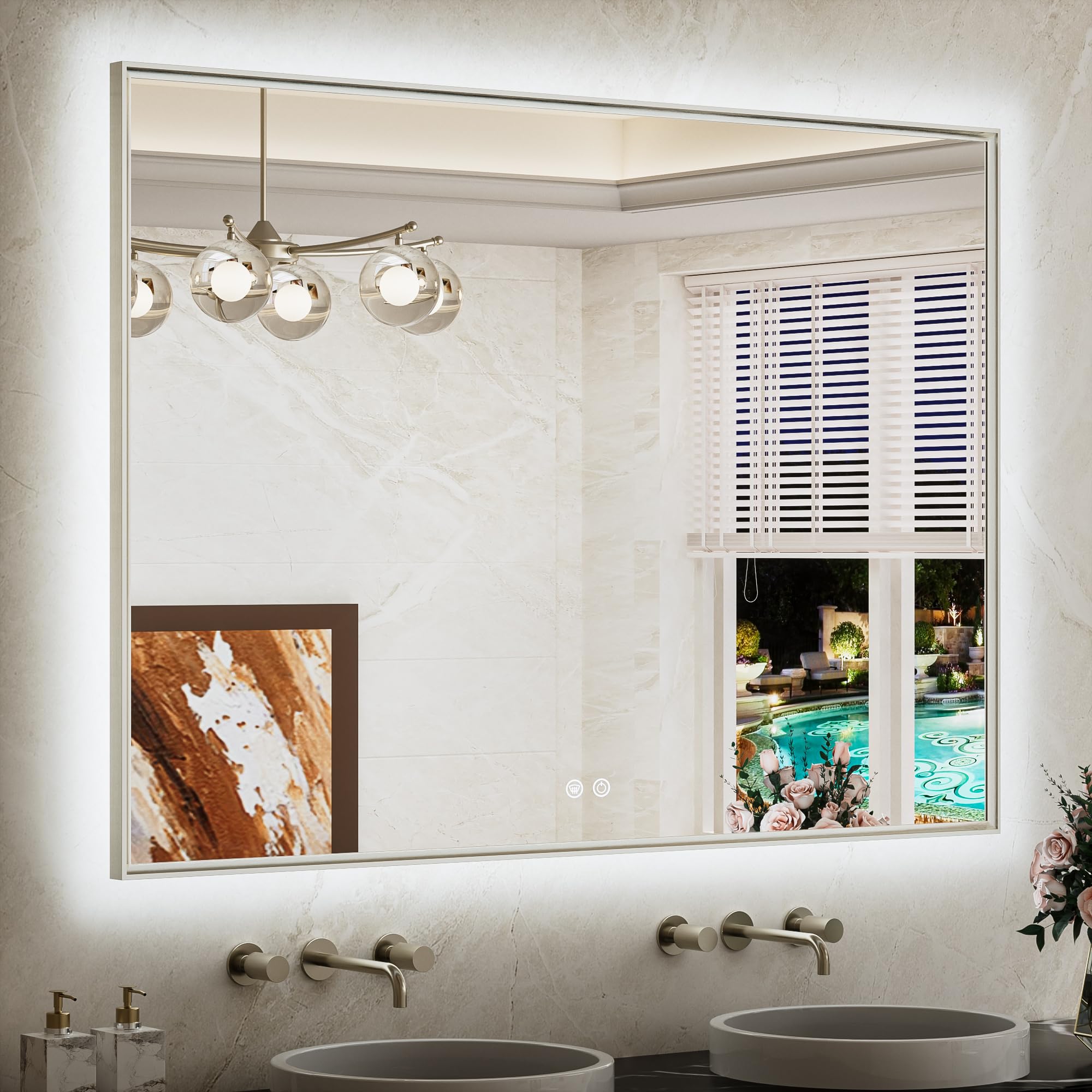 TETOTE 48 x 36 inches Backlit Mirror Brushed Nickel Metal Frame LED Light Vanity 3-Color White/Warm/Natural Stepless Dimmable Anti-Fog Backlight Mirror Wall-Mounted