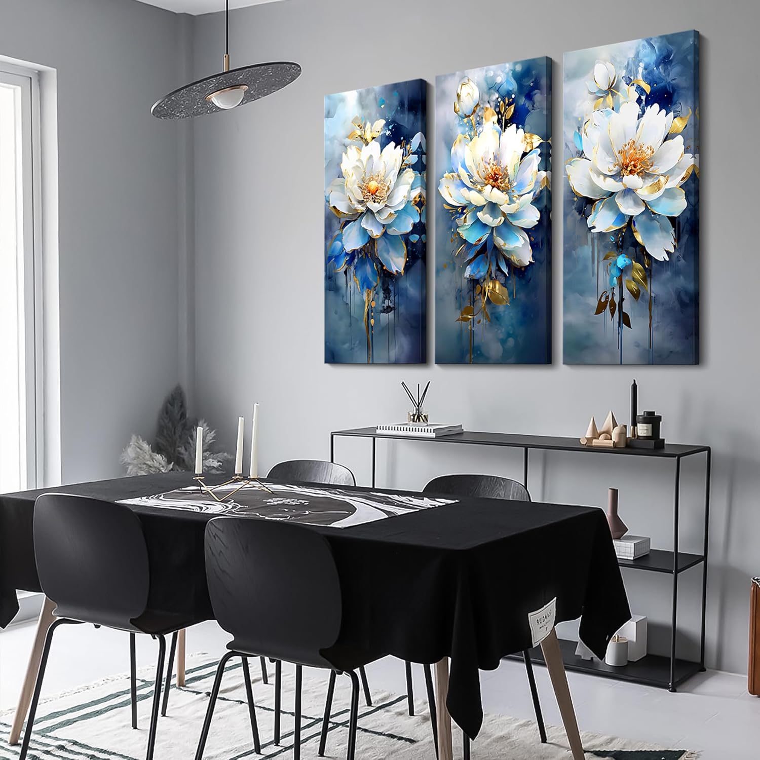 AJAZIKO Navy Blue Wall Art - Modern Abstract Flower Canvas Art - 3 Piece Set - 20x40IN - For Living Room & Bedroom