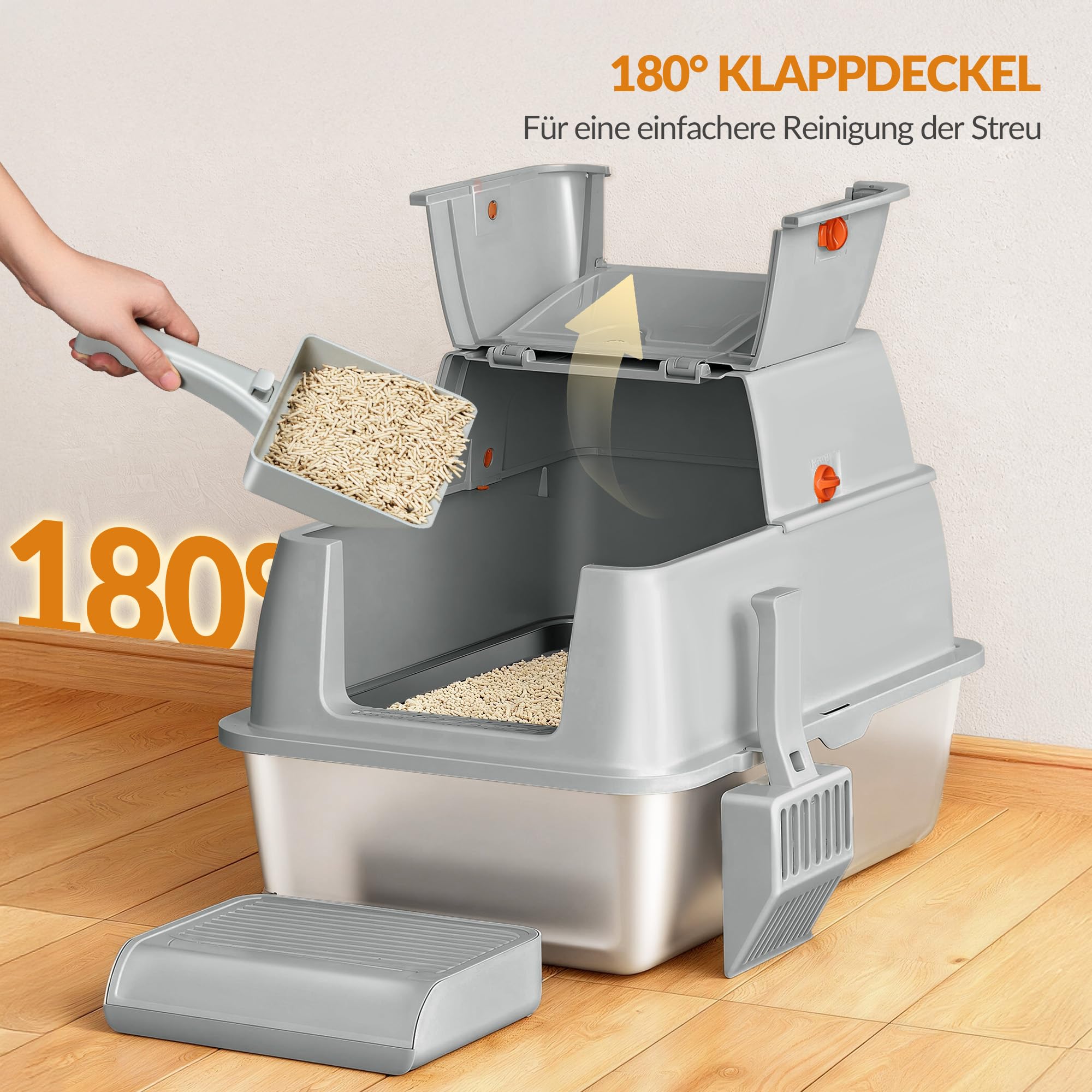Edelstahl Katzenklo mit Deckel XXL, 61 x 41 x 40 cm, Hellgrau | Geschlossene Katzentoilette, 180°Klappdeckel, Inklusive Pedal und Schaufel, Leicht zu Reinigen, Modulares Design FPLB203SG1