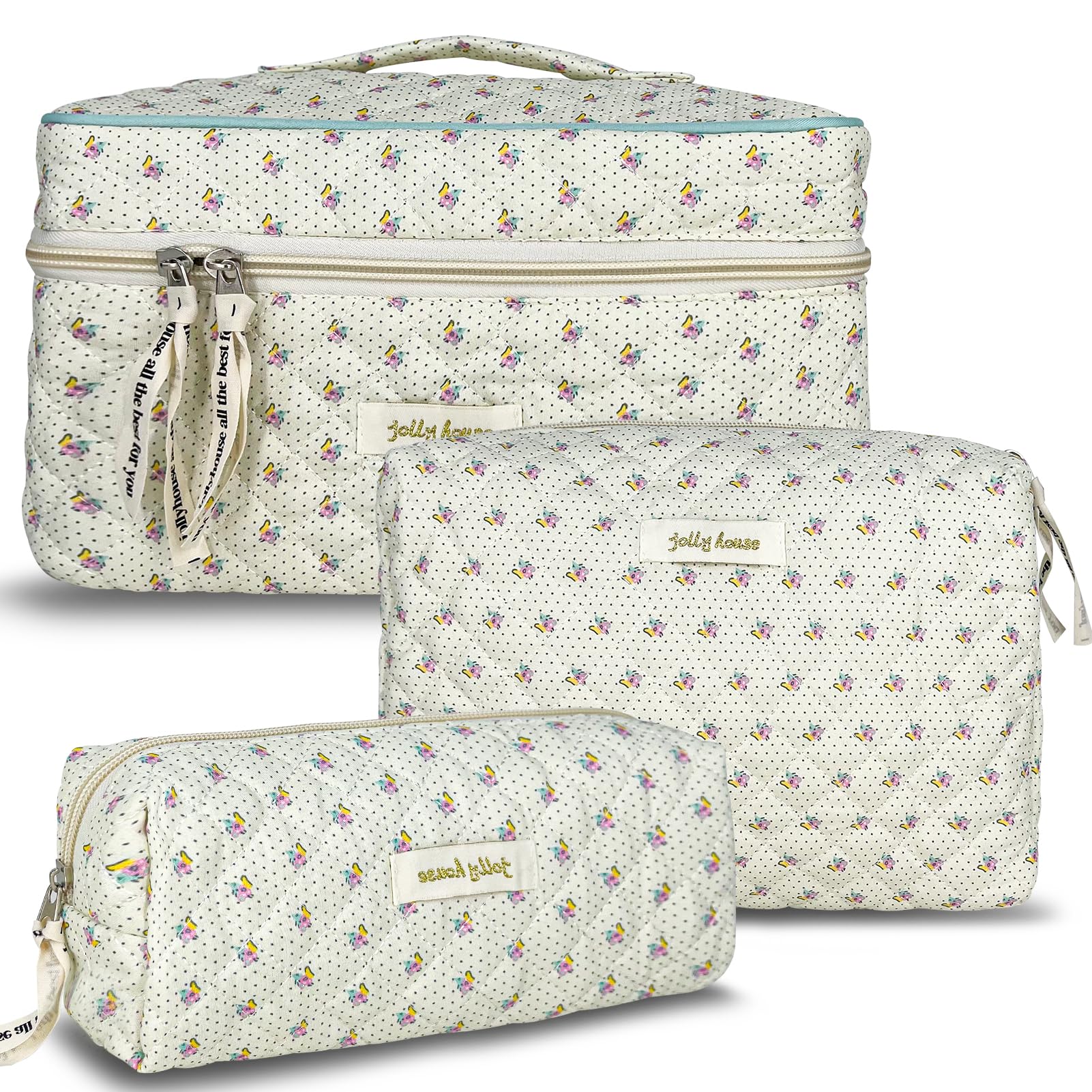 TOPALL Cosmetic Bag, Floral Cotton Quilted Toiletry Bag, Classic Makeup Pouch for Women & Girls - 3PCS (Large + Medium + Pouch)