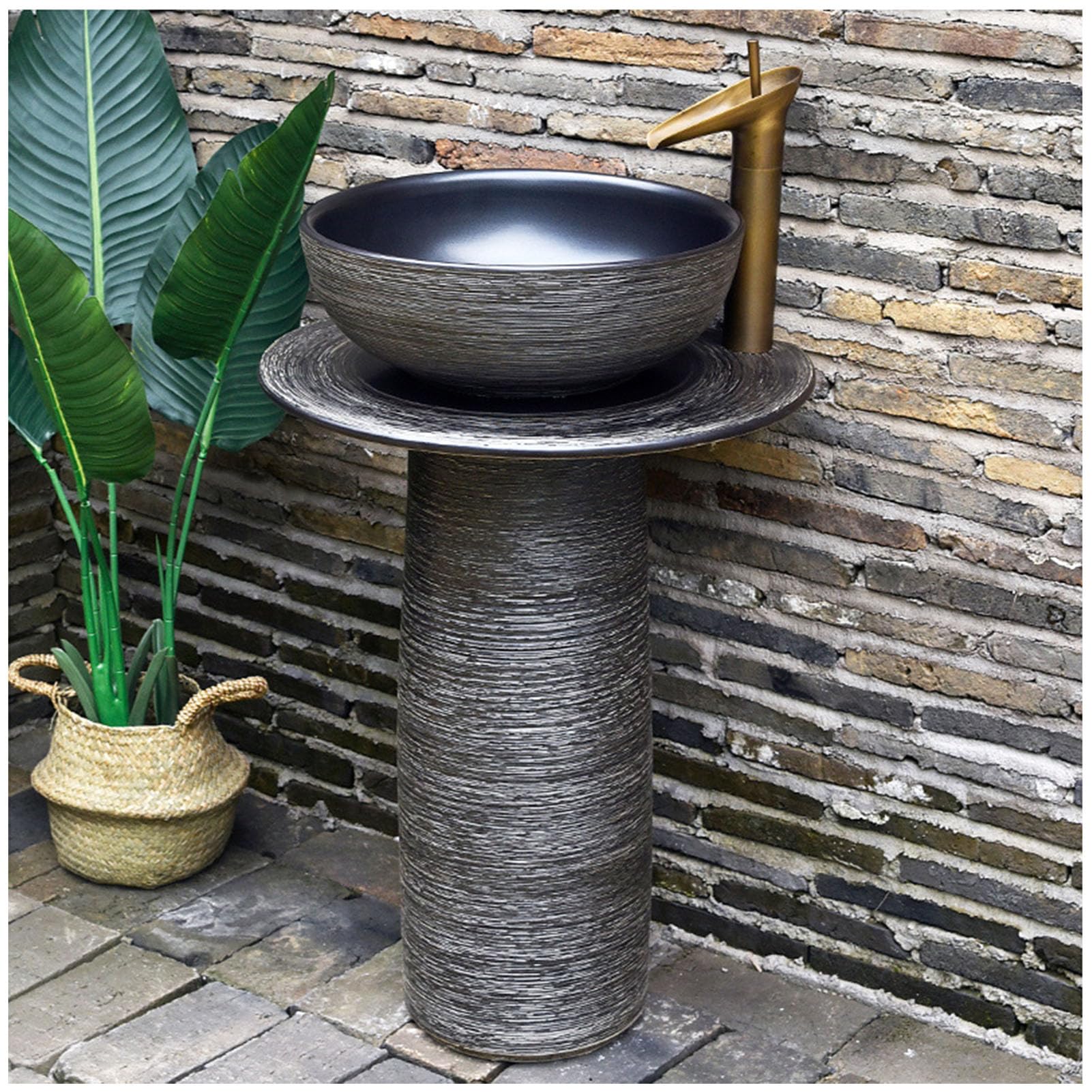 WDSOPK Pedestal Bathroom Sink Vessel Sink Combo Toilets Basins Handmade, Freestanding Pedestal Sink with Overflow, for Indoor and Outdoor,4 Piece Set (3 Piece Set)