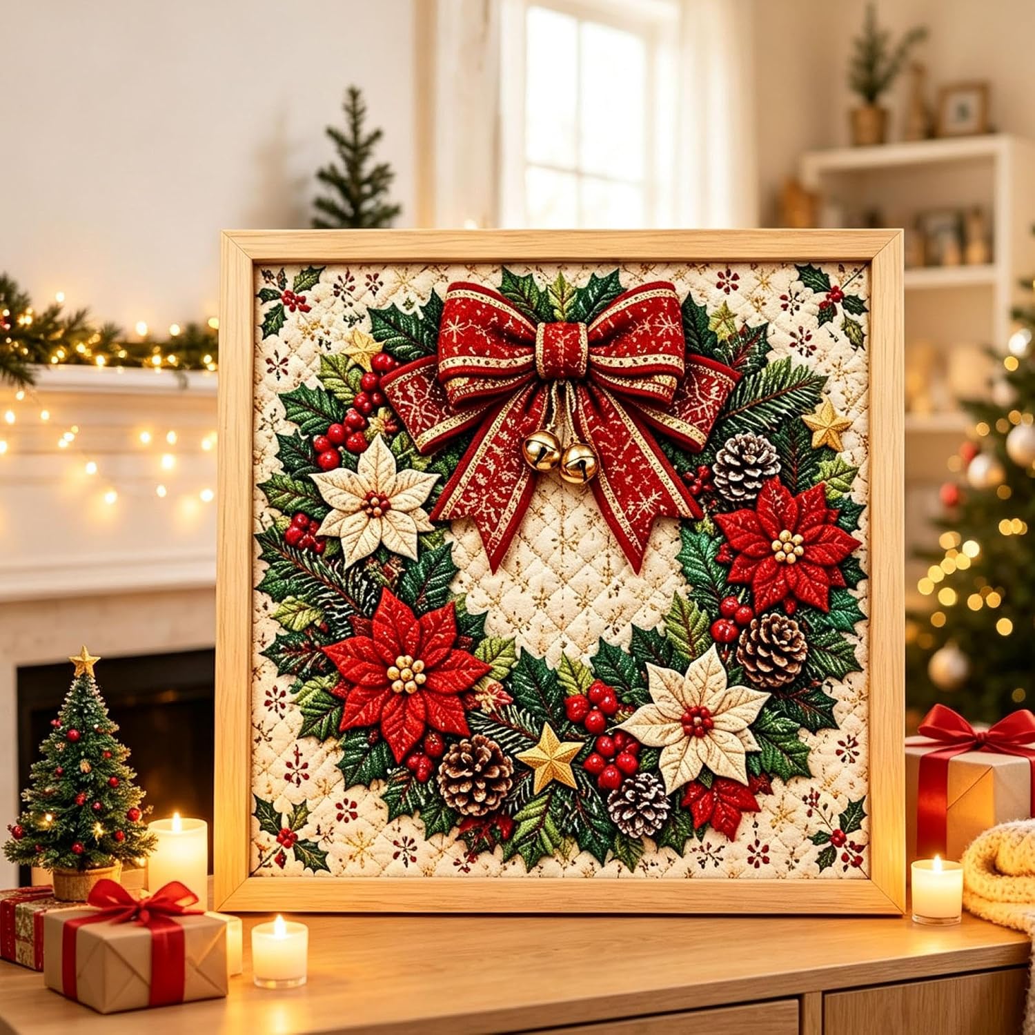 DIY Christmas Fabric Poke Art Kit for Adults, Hand‑Poke Fabric Craft Kit with Santa Snowman Reindeer Stocking Wreath Patterns for Home Mantel Wall Decor Tiered Tray Holiday Gift Making