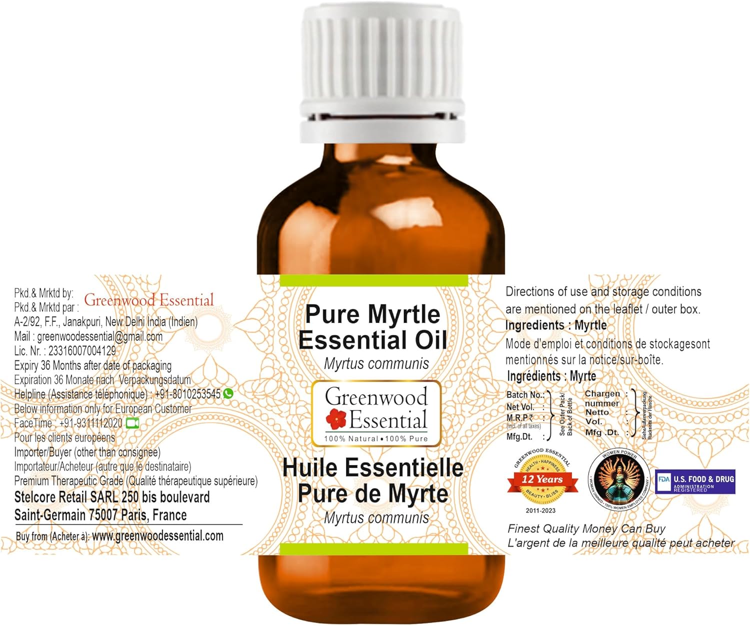 Greenwood Essential Myrtle Essential Oil (Myrtus communis) Pure | Non-Sticky | Non-Greasy | Lightweight | Men & Women | All Skin Types | Steam Distilled 100ml (3.38 oz)