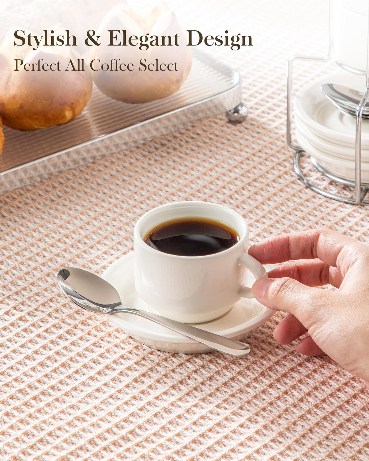 MALACASA Porcelain Espresso Cups Set of 4, with Saucers and Metal Stand, 2.5 Ounce Stackable Cappuccino Cups, Expresso Shots Cup Ceramic Demitasse Mugs, White with Spoon
