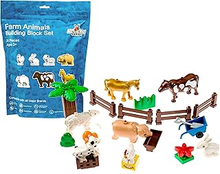 Farm Animals Large Block Building Block Set (24 Pieces) Compatible with Leading Brand Building Blocks, Farm Animals Set Includes a Cow, Horse, Sheep, Pig, Dog, Chicken, Rabbit, Fences & More