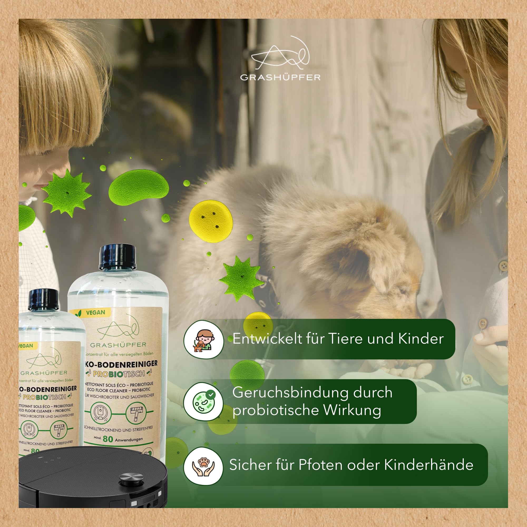 2er Set GRASHÜPFER® Probiotischer Öko Wischroboter Reiniger [FÜR TIERHAUSHALTE] – reinigt und entfernt Tiergerüche biologisch, für Wischroboter und Saugwischer [ZITRUSBLÜTE] - 2000 ml