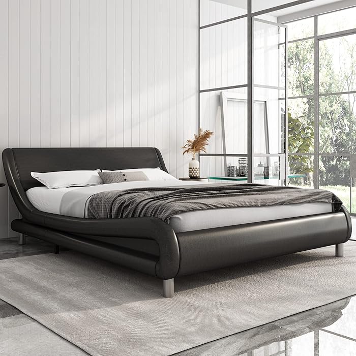 Buy Faux Leather Upholstered Platform Bed Frame with Curved Headboard