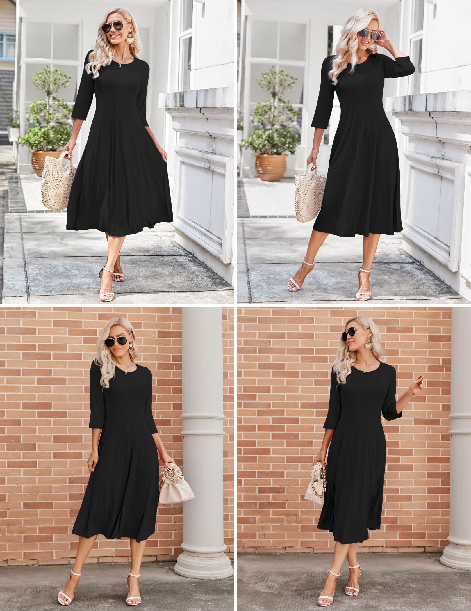 Hotouch Robe tunique élégante pour femme - Col rond - Manches 3/4 - Coupe trapèze - Avec poches - Taille S à 3XL
