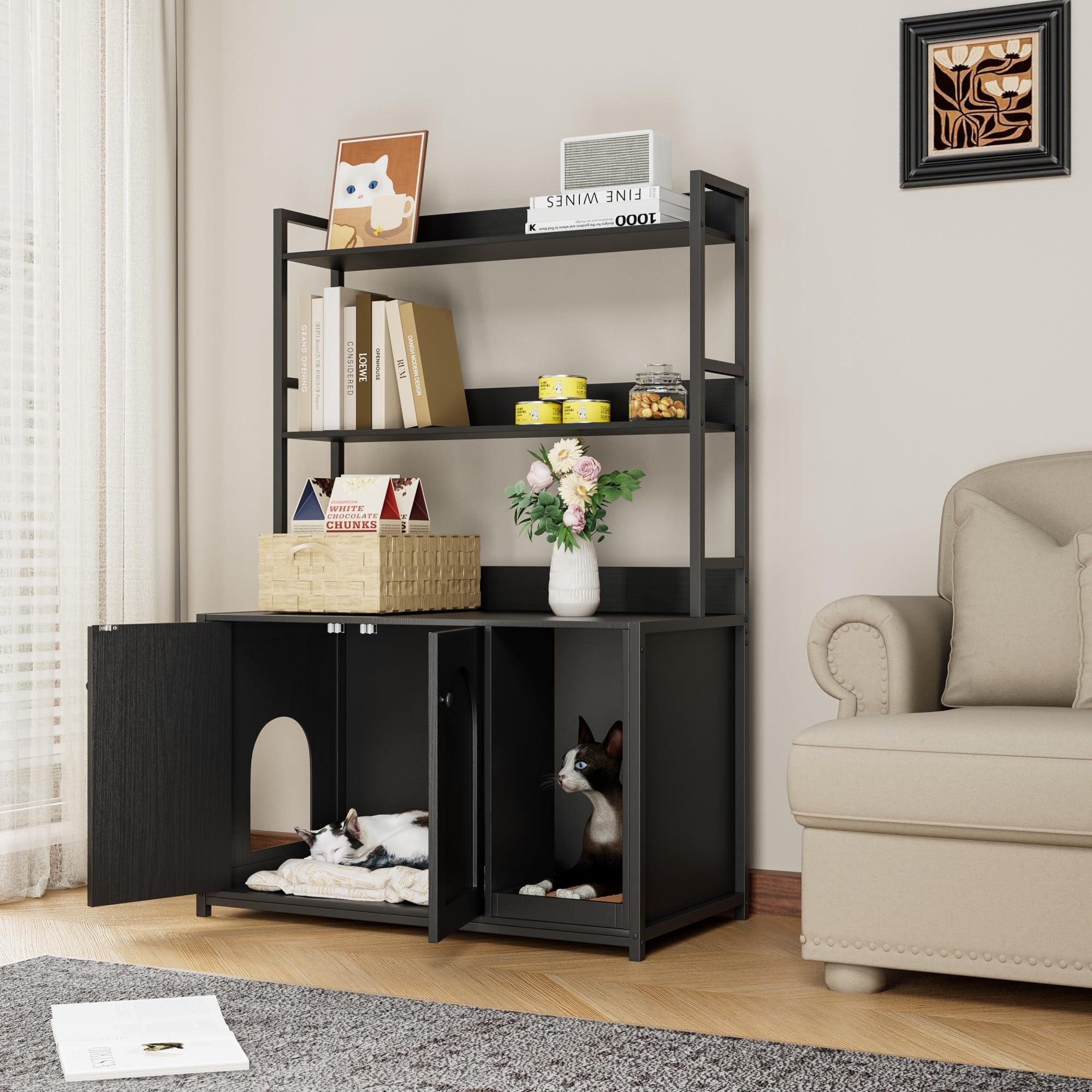 Meuble Litiere Chat avec Trou d’Entrée Latéral& Ouvert Compartiment Rangement,Armoire à litière avec Plan de Travail et 2 étagères.Maison pour Chat pour Salon,Chambre,Bain(132x45x90cm,Noir)