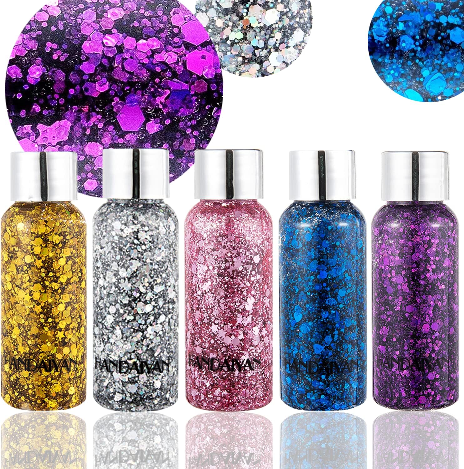 Body Glitter 5 Color Set Chunky Glitter Mixed,Hair Eyes Glitter Holographic Cosmetic for Christmas Gold Sliver Purple Pink Blue Shimmer Sequins Glitter