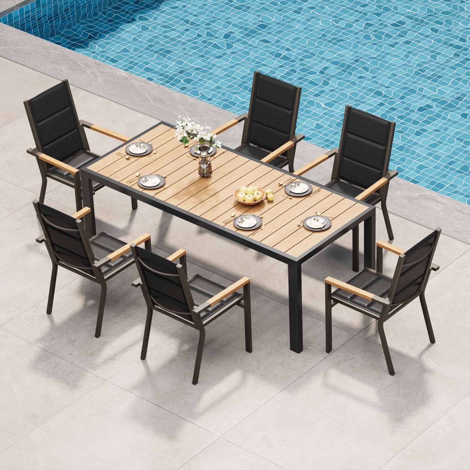 TRIUMPHKEY Gartenmöbel Set 6 Personen, Balkonmöbel mit Aluminium, 6 Stapelstühle mit Holzmaserung und 1 189cm PS Gartentisch, Terassenmöbel Außen, Braun