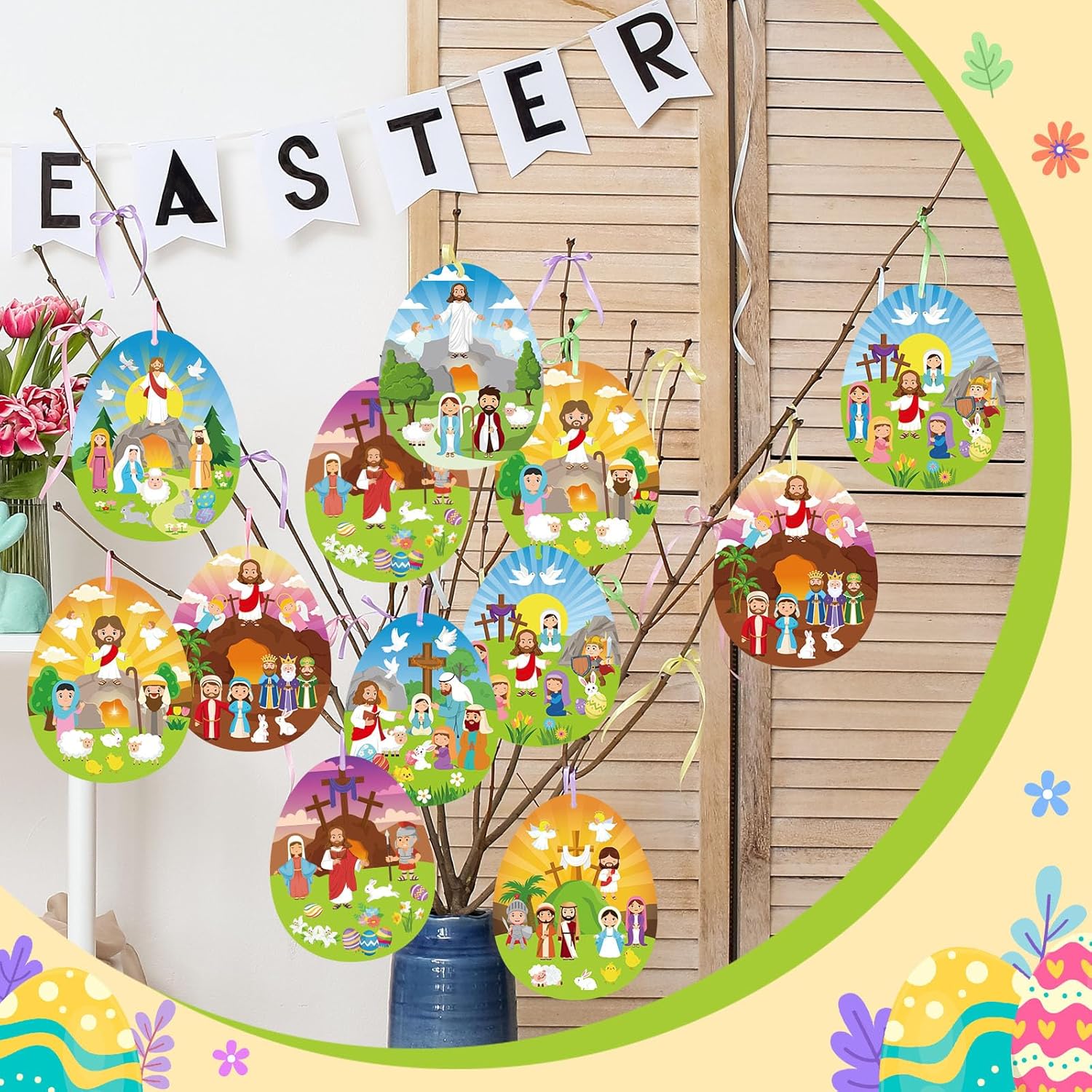 Faccito 48 Sets Religious Easter Craft Kits for Kids DIY Nativity Scene Sticker Christian Hanging Ornament Make an Easter He Lives Craft Projects for Sunday School Classroom DIY Art Game Activities
