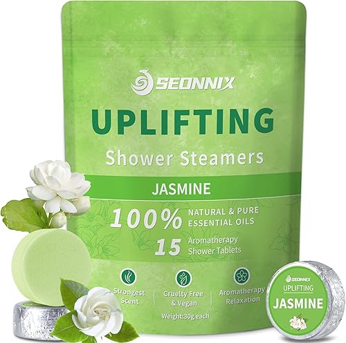 Paquete de 15 bombas de ducha de aromaterapia, jazmín con aceites esenciales naturales, alivio del estrés y cuidado personal de lujo, tabletas de