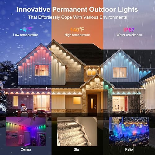 Miniatura 5 de Luces permanentes para exteriores de 50 pies, luces inteligentes RGB+IC con control remoto de aplicación, color LED individual, luz blanca y