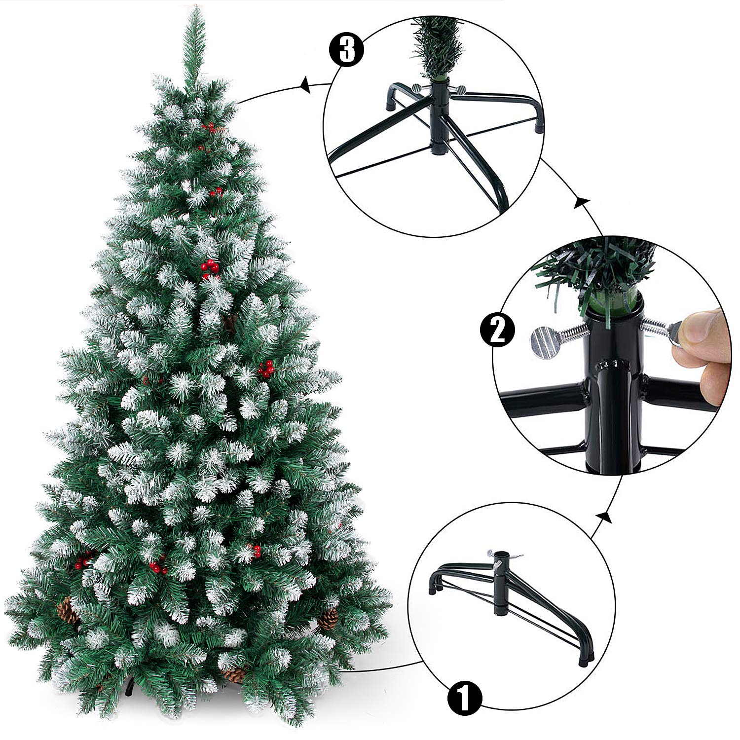 Árbol de Navidad Artificial Pino, Material PVC, Soporte Metal, 120/150/180/210cm Arbol Navideño Decoración con Blanco Nevado, Frutos Rojos, Piñas Verdaderas - 180cm, 930puntas
