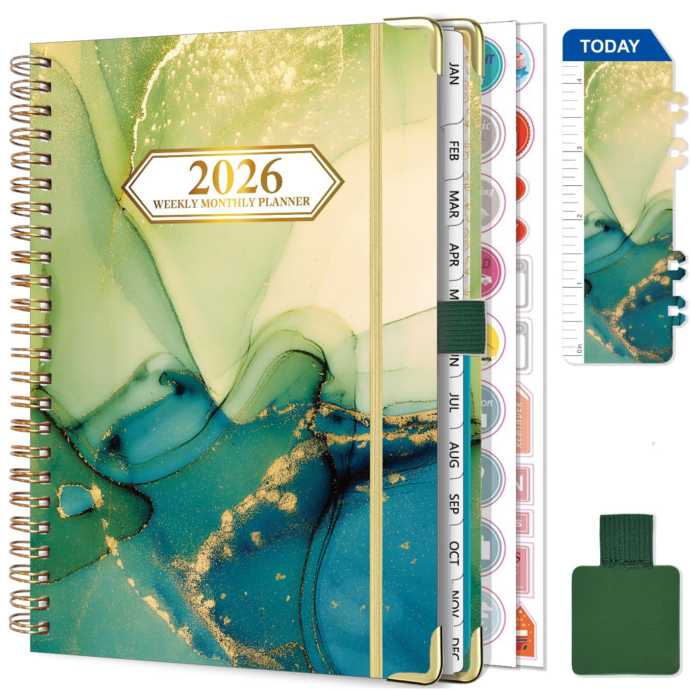 NEYSA Agenda 2026 Settimanale spirale, Diario Scuola A5 Da gennaio a dicembre 2026 (12 mesi) agenda scolastica con passante per penna, righello segnalibro e adesivi - 21,7 X 15,8 cm (Verde)