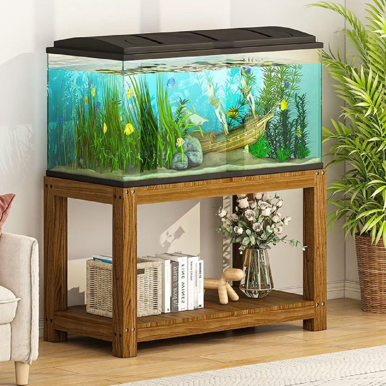 Supporto in Legno per Acquario, Supporto per Acquario in Massiccio, Supporto Multifunzione a 2 Livelli per Acquario e Terrario con Mensola Aperta,A,60X35X50CM(23X13X19IN)