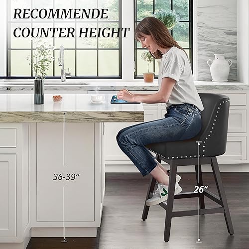 Miniatura 5 de Taburetes de bar de 26 pulgadas, taburetes giratorios negros con respaldo, taburetes de bar tapizados de piel sintética, patas de madera maciza con