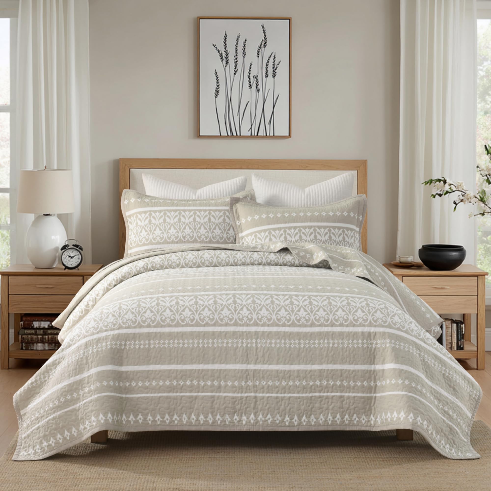 Photo 1 of BCOTTOND King Quilt Set, 100% Cotton Boho Quilt King Size Bohemian Striped Pattern Bedspread King Lightweight Quilt Bedding Set Comforter Set All Season, 3 Piece, Beige Gray