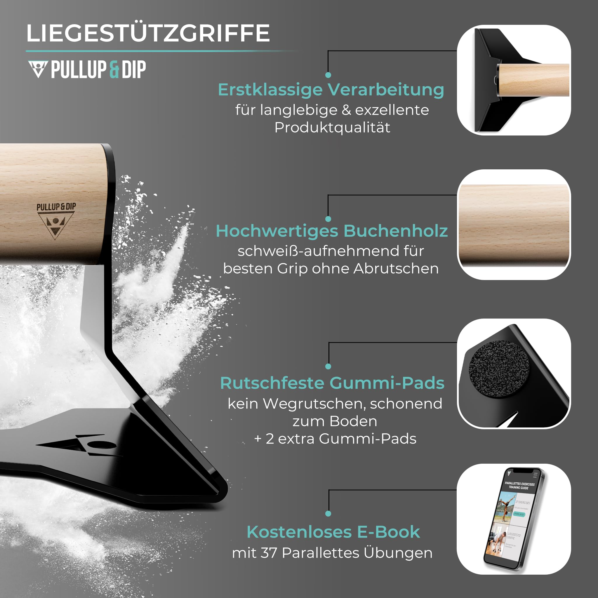 PULLUP & DIP Liegestützgriffe mit ergonomischem Holz Griff und hochbelastbarem Stahl - Rutschfeste Push-Up bars Handstandbarren für Krafttraining und Calisthenics