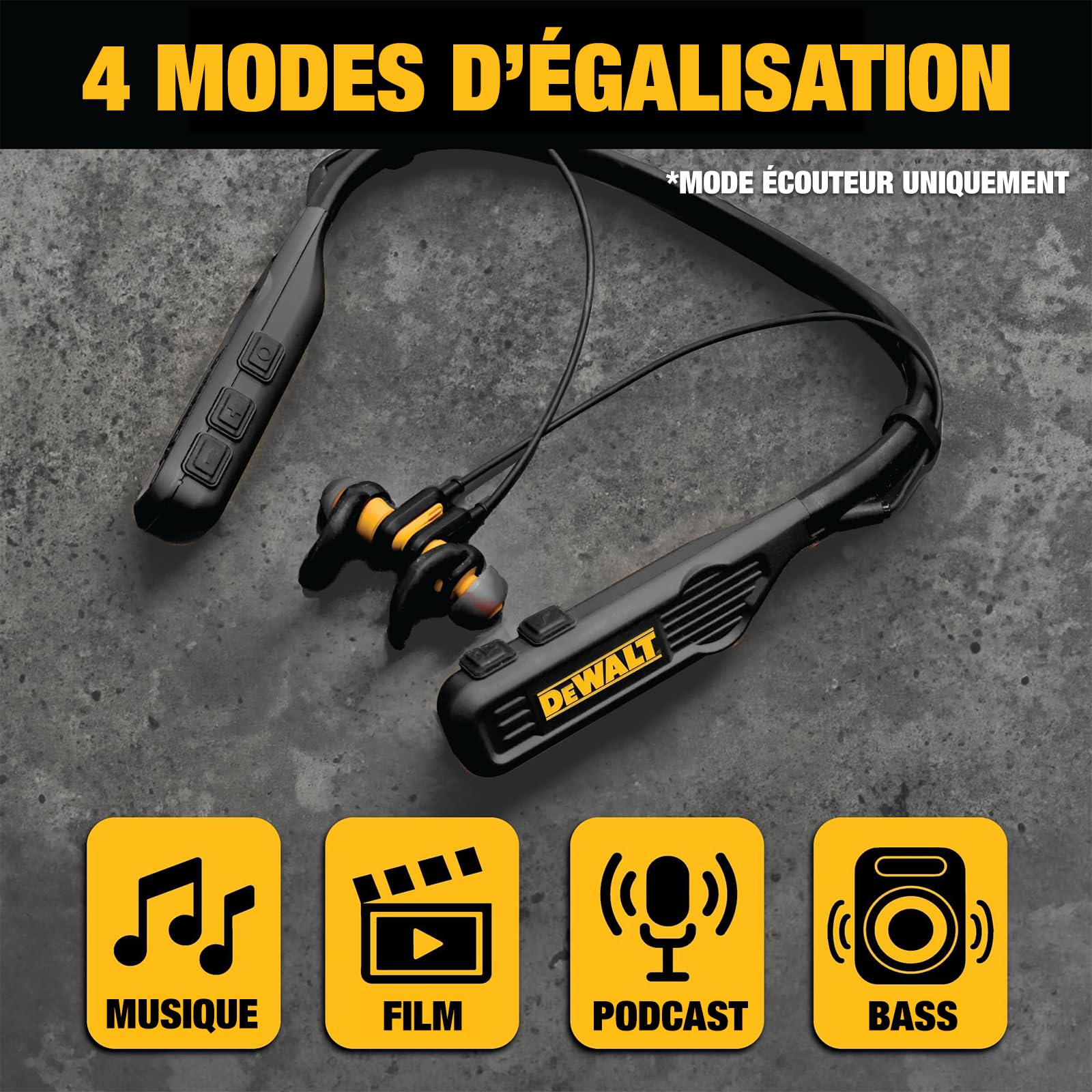 DEWALT Casque Tour de Cou Bluetooth Robuste 2 en 1 avec Haut-parleurs intégrés, Haut-Parleur Portable de Chantier et Casque Tour de Cou, Casque Bluetooth sans Fil, autonomie de Plus de 60 h, Noir