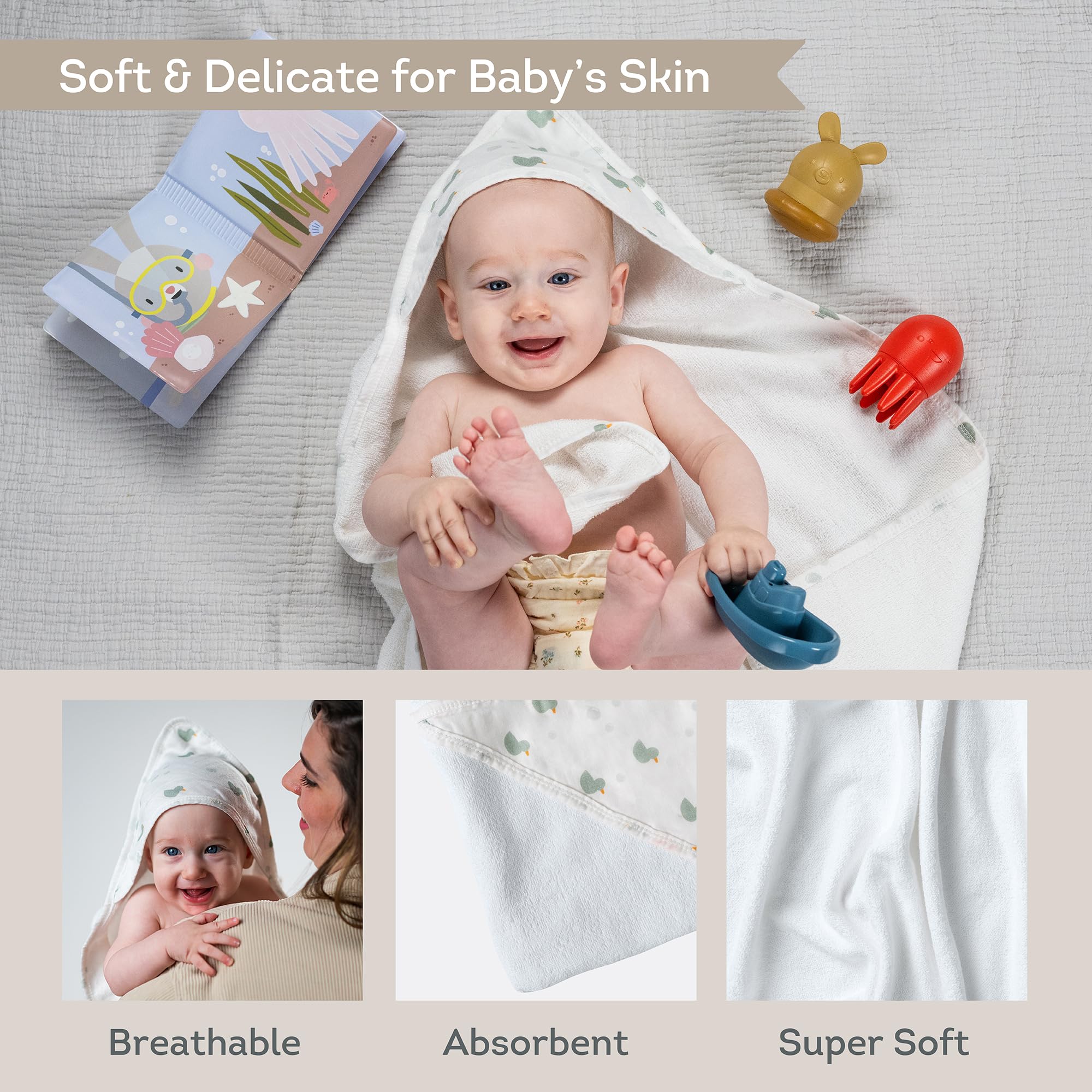 Taf Toys Juego de regalo para la hora del baño del bebé. Incluye libro de baño, toalla con capucha de algodón, juguetes de baño para chorros, juguete de barco. Kit esencial de 5 piezas para recién