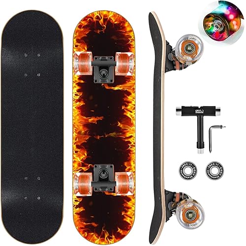 Skateboards with Colorful Flashing Wheels for Beginners,Kids,Teens,Adults, Complete Standard Skate Boards 9 Layer Canadian Maple Deck Concave Skateboard
