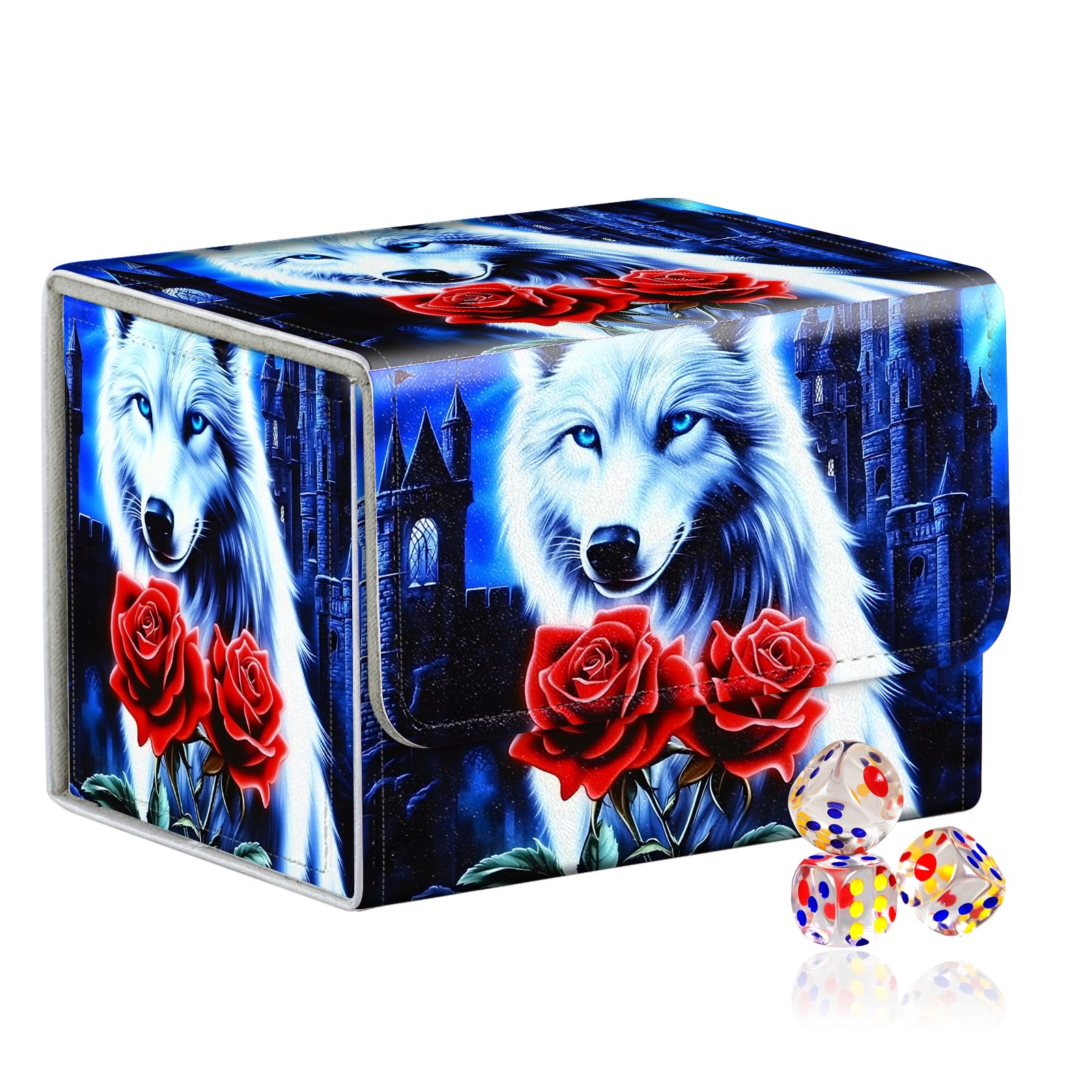 VOGDMKJG Trading Card Deck Box Fit 100+ Single Sleeved Cards,PU Leather Magnetic Closure Card Storage Box With 3 Dice For MTG/TCG/PTCG/Magic/Sport Card Storage Case Horizontal Design Wolf Rose