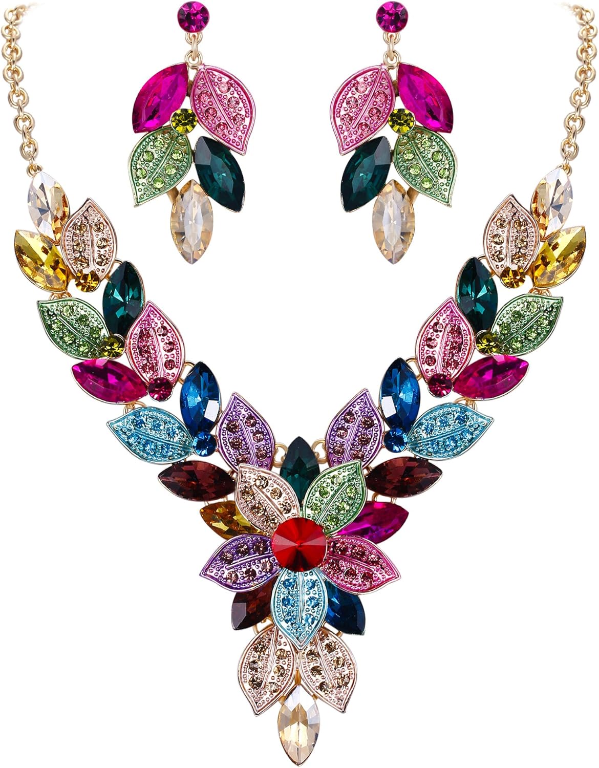 EVER FAITH Women's Crystal Elegant Bridal Cluster Flower Leaf Drop Necklace Earrings Set