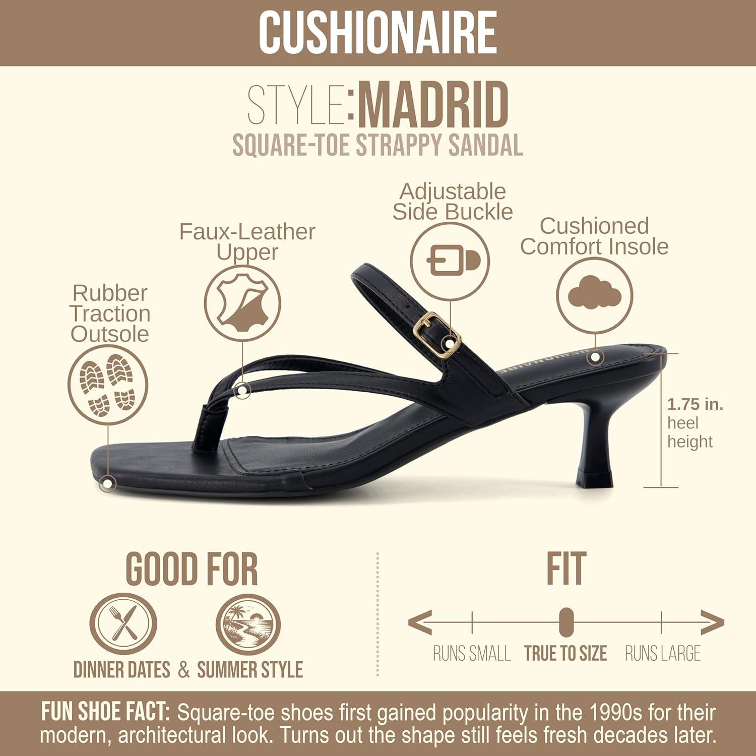 CUSHIONAIRE Madrid Kitten Heel Square Toe Women's Sandals - Comfortable Dressy Strappy Heels Sandals for Women, Wide Widths Available
