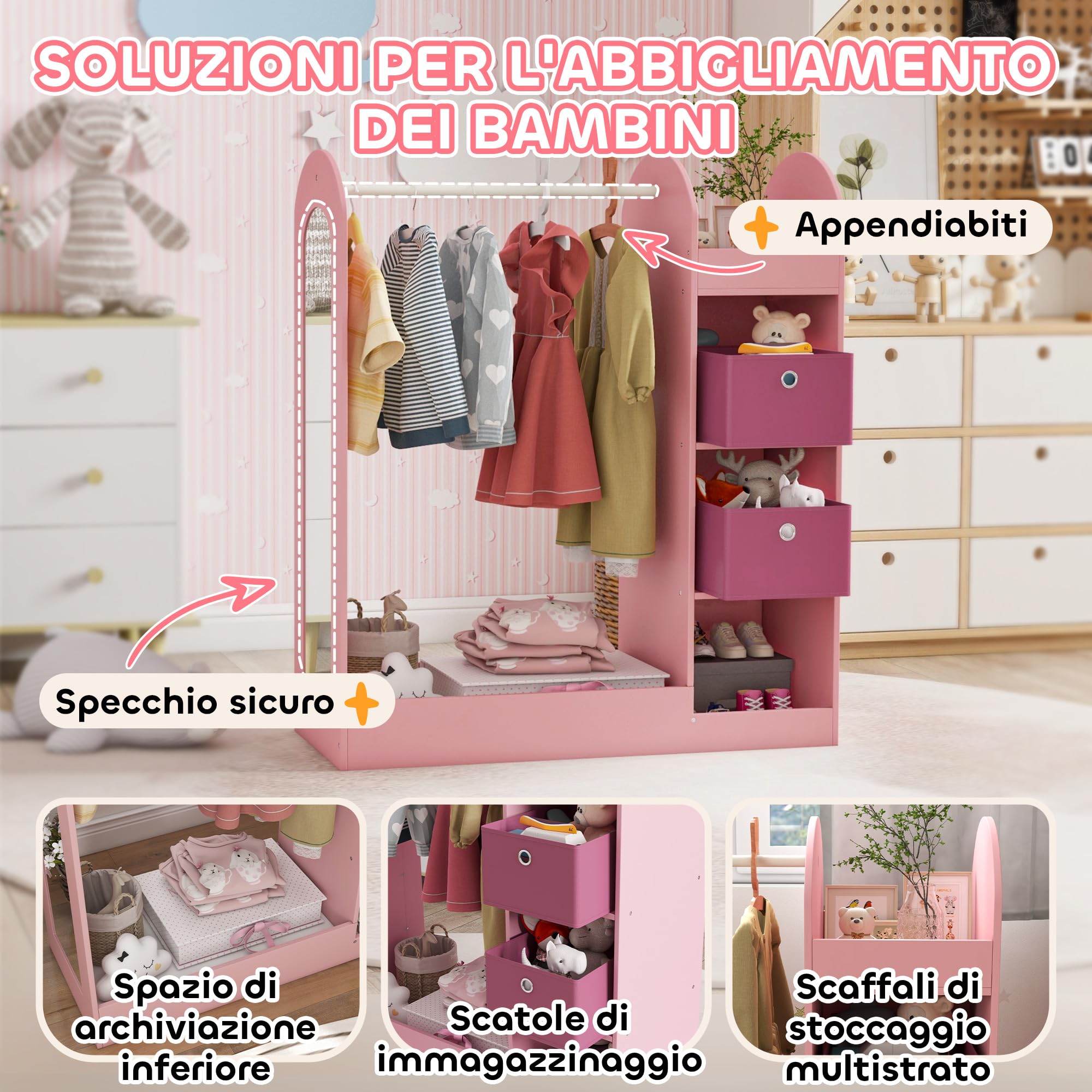 AIYAPLAY Appendiabiti per Bambini con Ripiani, Scatole e Specchio, Mobile per Cameretta e Ingresso in Legno, Rosa