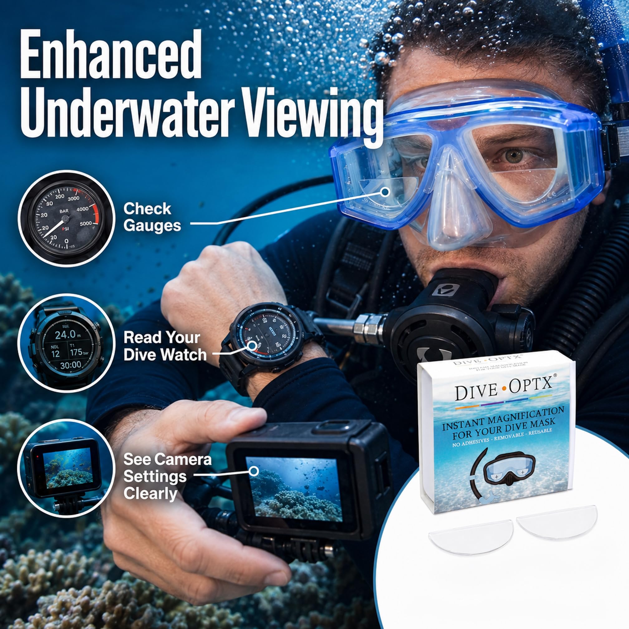 Calabria Hydrotac Dive OPTX 20/20 - Lentes bifocales adhesivas + 2.00, paquete de 2 máscaras de buceo con aumento y calcomanías bifocales