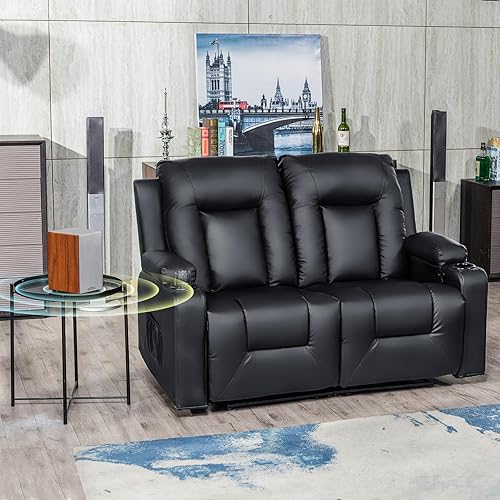 COMHOMA Living Room Furniture Set,Bonded Leather Loveseat Sofa with Cup Holder Recliner Chair,Black