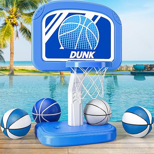 TEMI Aro de baloncesto para piscina, aros ajustables junto a la piscina con 4 bolas y bomba, juego de baloncesto para interiores y exteriores para