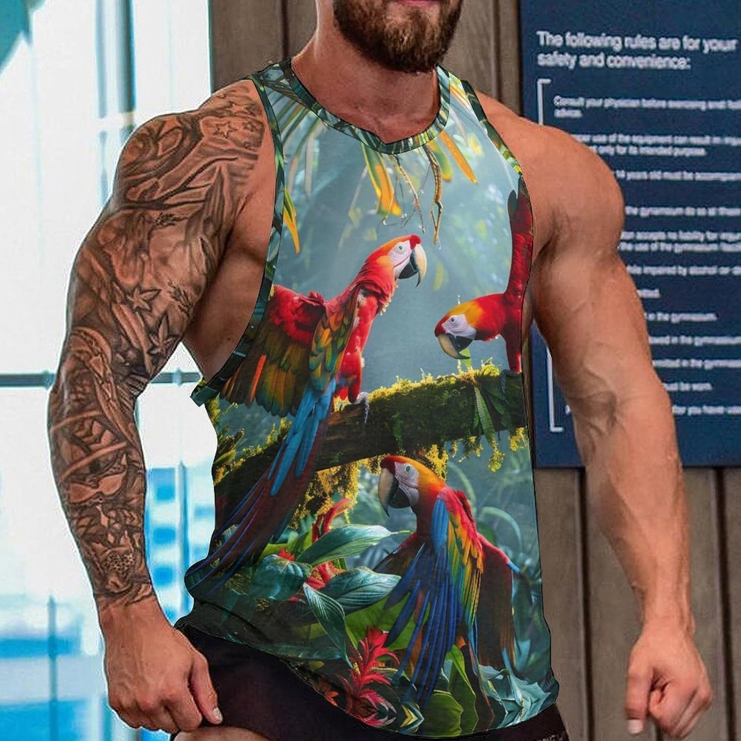 Scarlet Macaws on Mossy Branch Mens Breathable Printed Tank Top 5XL
