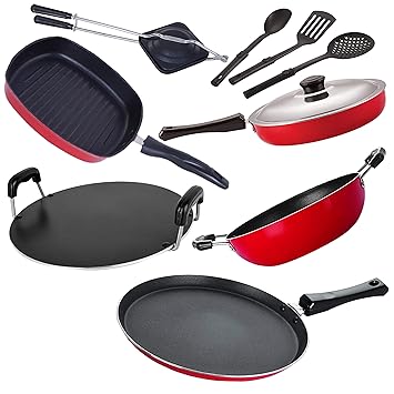 Nirlon Non-Stick Aluminium Gas Compatible Cookware Kitchen Utensils Combo Gift Set Offer - 9 Pieces -2.6mm_FT13_KD12_GP(24)_RT_HT_FP12_3SPN
